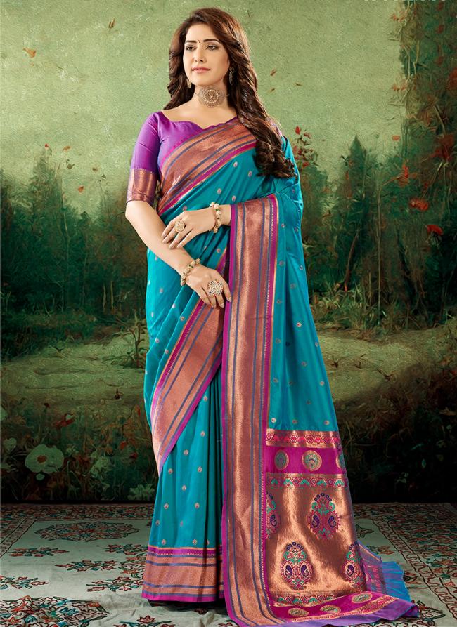 Paithani Silk Firozi Festival Wear Weaving Saree